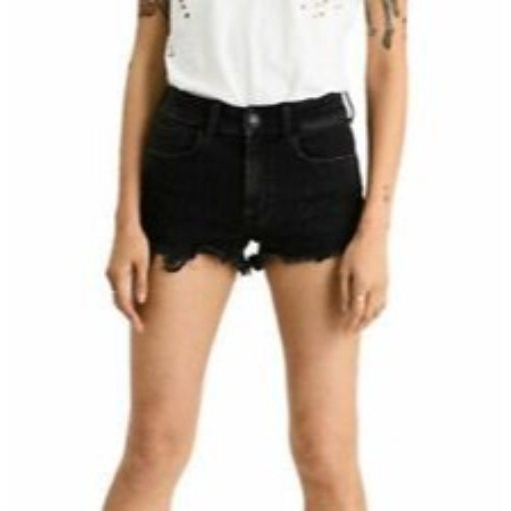Shein Womens Black High Rise Dark Wash Stretch Denim Cut Off Shorts Size XS